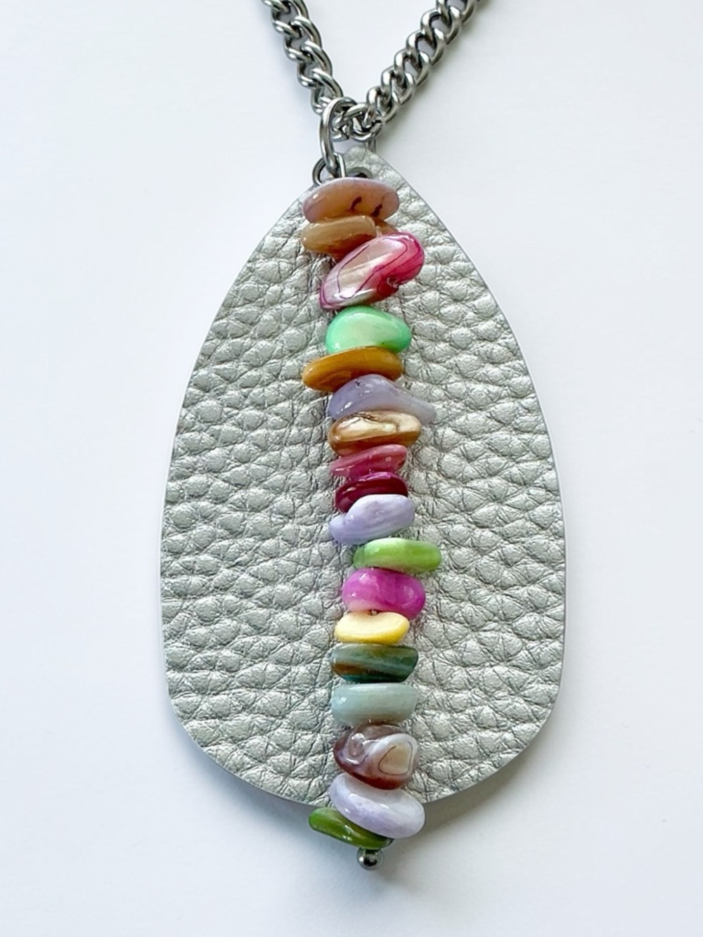 🆕 Gemstones and Faux Leather Pendant Necklace-Stainless Steel